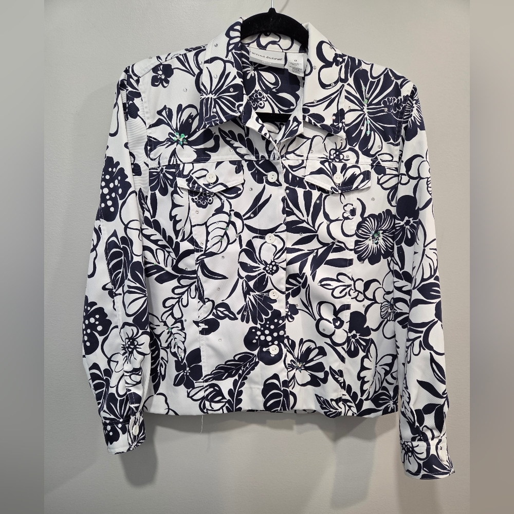 Alfred Dunner Petite Navy White Floral Blouse Rhinestone Embellished Button Down